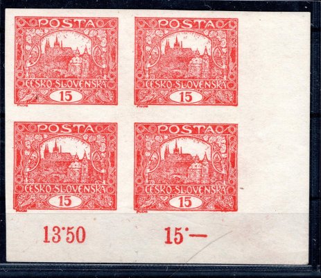 7, typ II, pravý dolní rohový 4 blok s počítadly, cihlově červená 15 h, tečka v papíře,  ZP 100