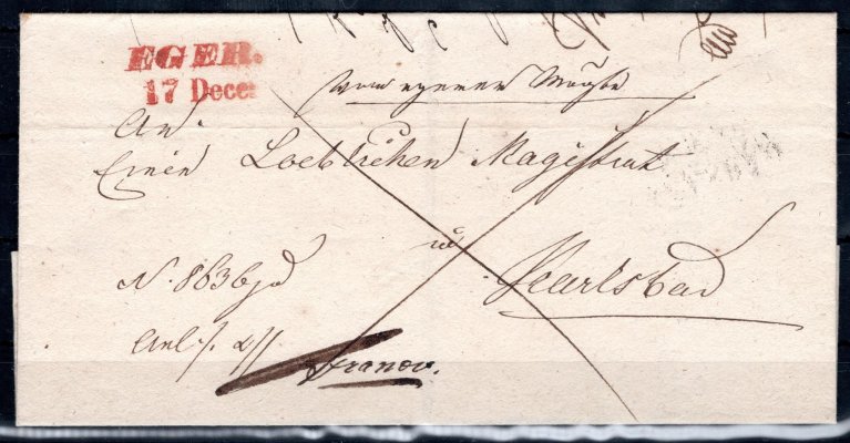 Skládaný dopis z Chebu z r. 1839, červené řádkové raz. EGER, 17. Dec., Vot. 499/6, 24 bodů