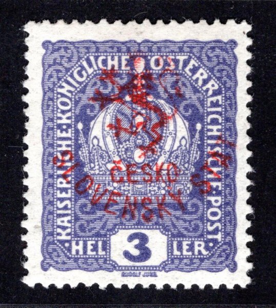 RV 43, Marešův přetisk, červený, koruna, fialová 3 h, zk. Gilbert