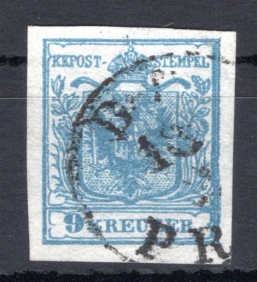 5; 9 kr, ruční papír, typ IIc, modrá, Randdruck vpravo, raz. B.H. PRAG
