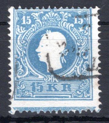 15; 15 kr modrá II. emise, typ II, dole část Ondřejského kříže