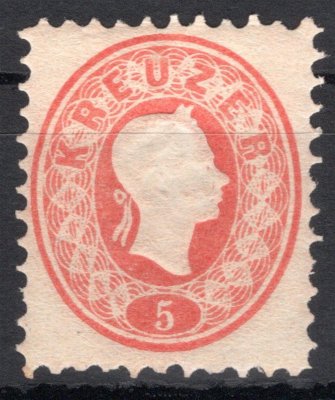 20 N; 5 kr červená III. emise, novotisk (1870) z původní desky, zoubkování 10 1, popraskaný lep (obvyklý stav), bez stopy po nálepce