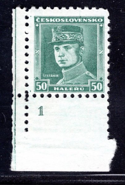 291 DV, Štefánik, rohová známka s deskovou vadou - čára v obraze a DČ 1, zelená 50 h