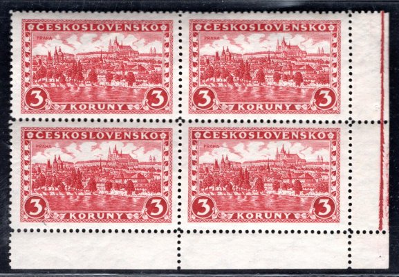 226, P 8, typ II, Praha, Tatry, pravý dolní rohový 4 blok s bordurou, červená 3 Kč, zk. Gilbert
