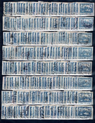 10; partie ražených známek 25 h modrá (zhruba 500 kusů na výmětovém listu A4, z toho menší část zoubkovaných), barevné odstíny, studijní materiál