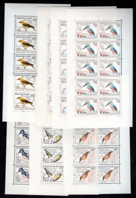 1078 - 1084 typ I PL (10), kompletní série Ptáci, desky C( chybí modrá barva v rohu), A, A, C, B,B, C typ I. 