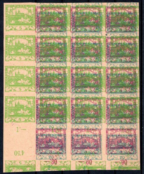 3 Mp, protisměrná meziarší, světle zelená 5 h - 4 x s dalším tiskem známky č. 2, fialová 3 h, hezký doklad o uspořádání desek