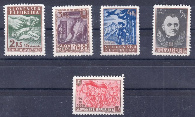 rok 1951 tzv. Kanadské exilové vydání SOV (Slovenský oslobodzovací výbor), hodnoty 1Ks–5Ks, kompletní série, vzácné, na trhu se nevyskytuje