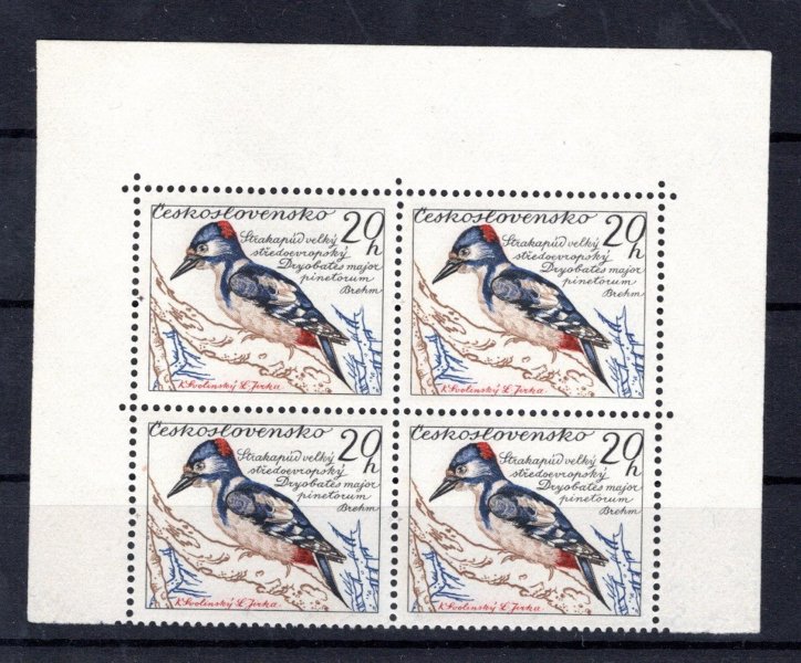 1078, Ptactvo 1959, VV 2/2 chybějící modrá barva v rohu( na pravé horní známce) , rohový 4-blok