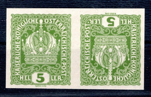 186 KU ; 5 h zelená nezoubkovaná v protichůdné dvojici - křídový papír s lepem - luxusní a vzácný exemplář - Atest Soecknick 