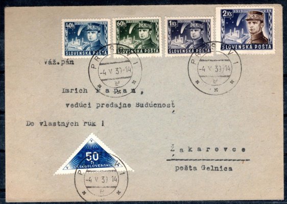 34 - 37, Štefánik, dopis, razítko Prešov 1, 4.V.39 + doruční známka známka 50 h československo. Platnost pouze 1.den 