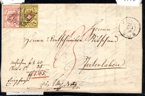 Švýcarsko - skládaný dopis, vyplacený známkami č. Mi. 8 a 12, hezká frankatura, stopy poštovního provozu, vzácné