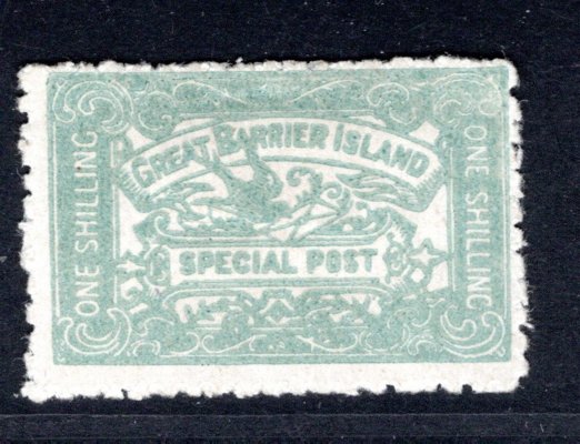 Nový Zeland - Velký barierový ostrov, kat. spec. NZ č.2  Pigeongram, 1 Sh modrozelený,velmi vzácná známka 