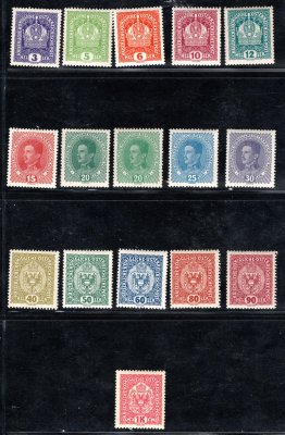 Rakousko - Mi. 185 - 199, 221 - 4, včetně 222 b - světle zelená, emise Koruna, Karel, Znak, hledaná řada předběžných známek