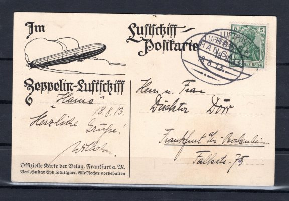 Zeppelin ; 18. 8. 1913, oficiální Delag pohlednice vyfrankovaná známkou Germania 5 Pfg, zeppelinová pošta LZ 13 - HANSA,let Potzdam - Frankfurt, dobrá kvalita