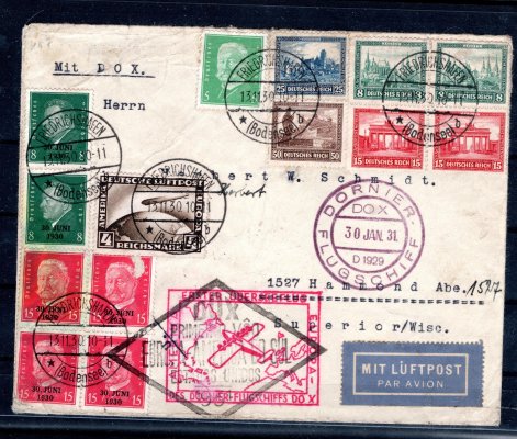 1931, DO-X, dopis do Jižní Ameriky, pestrá vyšší frankatura, odpovídající palubní razítko a kašety, příchozí razítko Rio de Janeiro, obálka mezi známkami velmi lehce svisle přeložena, stopy poštovního provozu, hledaná celistvost

