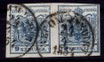 5; 9 kr, ruční papír, typ IIIb, tmavě modrá, vodorovná dvoupáska, na levé známce menší desková vada (bílá skvrna vlevo od meče), na pravé známce část průsvitky, vídeňské rekomandační razítko 21 / 4 / 1854, ANK € 130.- +
