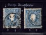 15; 15 kr II. emise, modrá, typ II, dvě známky se stejnou tiskovou odchylkou (bílé skvrny u levé horní číslice 15 a před i za hlavou císaře), ze staré sbírky