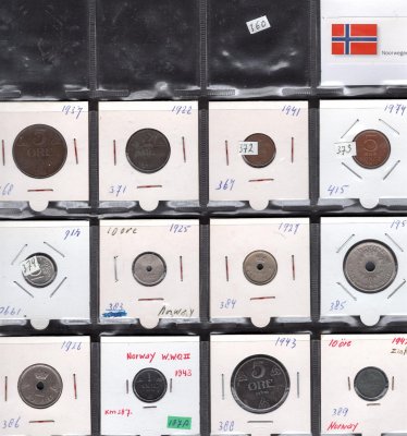 Lot 32 mincí NORSKO 1922-1977 , ore a koruny, oběžné mince, průřez daného období, rozprodej sbírky
