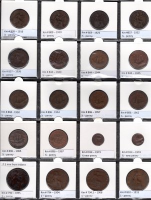 Lot 60 mincí Velká Británie 1895-2002 ,oběžné mince 1/2 penny, 1 penny, 1 farthing, 2 penny, 3,5,6 pence