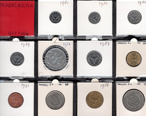 Lot 11 mincí MADAGASCAR 1978-1991 frank, ariary,oběžné mince, průřez daného období, rozprodej sbírky