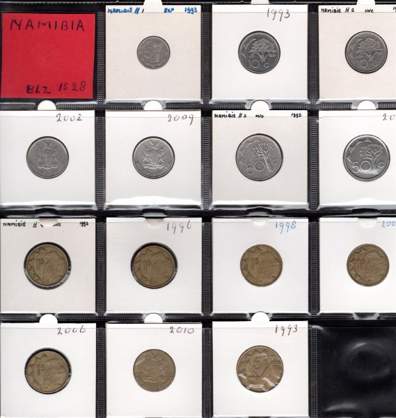 Lot 14 mincí NAMIBIA 1993-2010 centy, dollar, oběžné mince, průřez daného období, rozprodej sbírky
