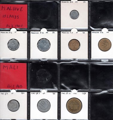 10 mincí MALEDIVY a MALI 1961-1995, oběžné mice obou států