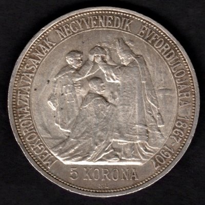 Uhersko 5 koruna 1907 K.B. výroční, KM#489, ÉH#1493 Ag.900,24g 36/2,6mm 40.let od korunovace na uherského krále František Josef I. hranka