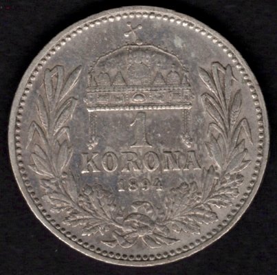 Uhersko 1 Koruna 1894 K.B.,KM#484, ÉH#1495 Ag.835, 5g, 23/1,5mm František Josef I. dr.hr.,rysky Kremnica