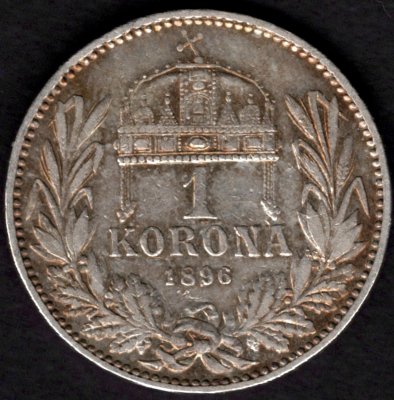Uhersko 1 Koruna 1896 K.B. Patina, KM#484, ÉH#1495 Ag.835, 5g, 23/1,5mm František Josef I. dr.hr.,rysky Kremnica