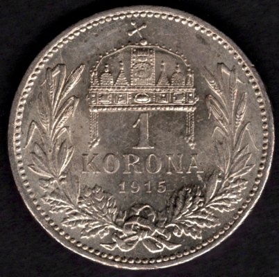 Uhersko 1 Koruna 1915 K.B.,KM#492, ÉH#1495 Ag.835, 5g, 23/1,5mm František Josef I. Kremnica
