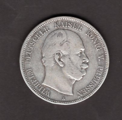 5 Marka 1874 A Wilhelm I. Prusko, J#97 Ag.900, 27,77g, 38mm hranka mincovna Berlín