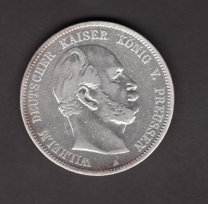 5 Marka 1876 A Wilhelm I. Prusko, J#97 Ag.900, 27,77g, 38mm  mincovna Berlín