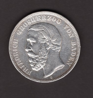 5 Marka 1893 G Fridrich von Baden, J#29 Ag.900, 27,77g, 38mm  mincovna Karlsruhe