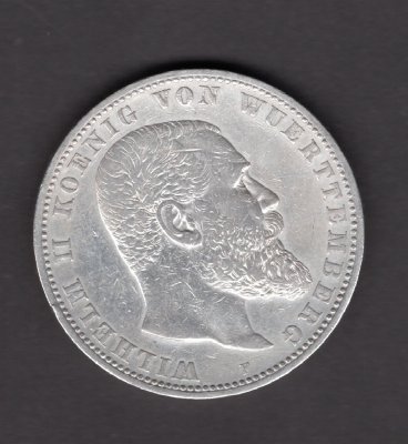 5 Marka 1895 F Wilhelm II. Von Wuerttemberg, J#176 Ag.900, 27,77g, 38mm  mincovna Stuttgart