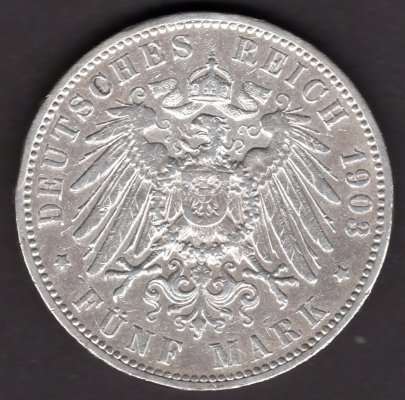 5 Marka 1903 J Svobodné hansovní město Hamburg, J#65 Ag.900, 27,77g, 38mm  mincovna Hamburg