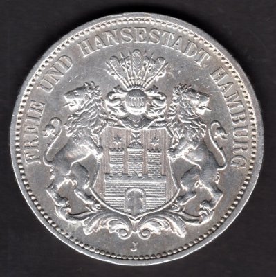 3 Marka 1911 J Svobodné hansovní město Hamburg, J#65 Ag.900, 16,667g, 33mm  mincovna Hamburg