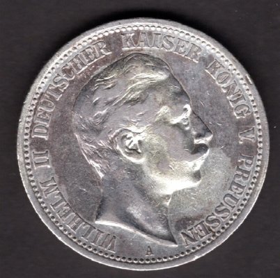 2 Marka 1906 A Wilhelm II. Prusko, J#102 Ag.900, 11,11g, 28/2,5mm  mincovna Berlín