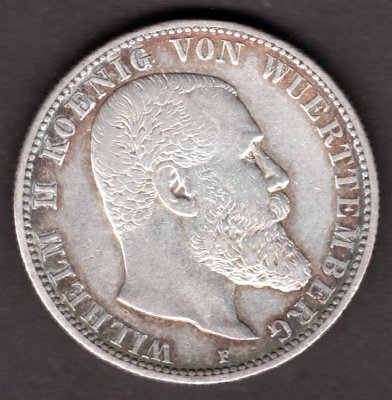 2 Marka 1904 F Wilhelm II. Von Wuertteemberg, J#174 Ag.900, 11,11g, 28/2,5mm  mincovna Stuttgart