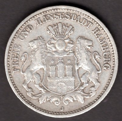 2 Marka 1893 J Svobodné hansovní město Hamburg, J#63 Ag.900, 11,11g, 28/2,5mm  mincovna Hamburg