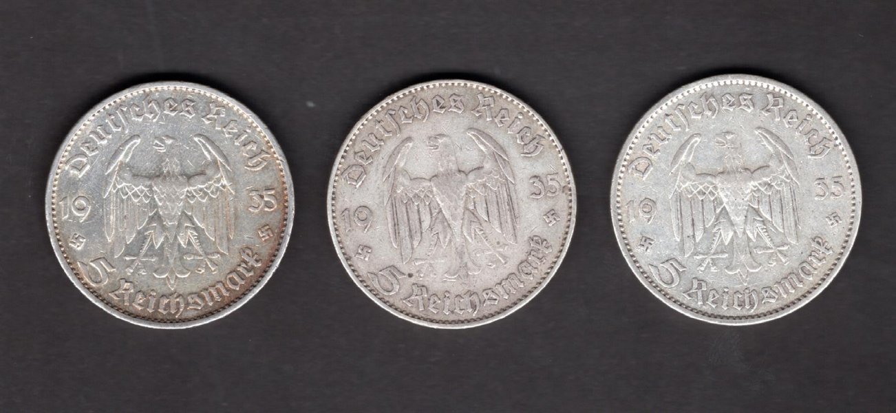 Lot 3 mincí 5 Marka 1935 mincovny A,J,G Kostel Potsdam, J#357 Ag.900, 13,889, 29/2,5mm mincovny Berlín, Hamburg, Karlsruhe