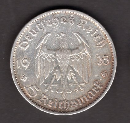 Lot 3 mincí 5 Marka 1935 mincovny A,J,G Kostel Potsdam, J#357 Ag.900, 13,889, 29/2,5mm mincovny Berlín, Hamburg, Karlsruhe