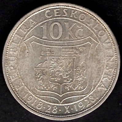 10 Koruna ČSR 1928 TGMasaryk, KM#12 Ag.700 10g, 30/1,8mm 10 let od vzniku republiky