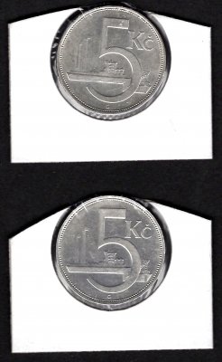 Lot 2 mincí 5 Koruna ČSR 1928 obě varianty vlnovky poloha A i B, KM#11 Ag.700 12g, 34/1,6mm 