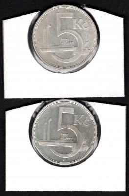 Lot 2 mincí 5 Koruna ČSR 1929 obě varianty vlnovky poloha A i B, KM#11 Ag.700 12g, 34/1,6mm 