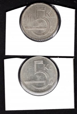 Lot 2 mincí 5 Koruna ČSR 1930 obě varianty vlnovky poloha A i B, KM#11 Ag.700 12g, 34/1,6mm 