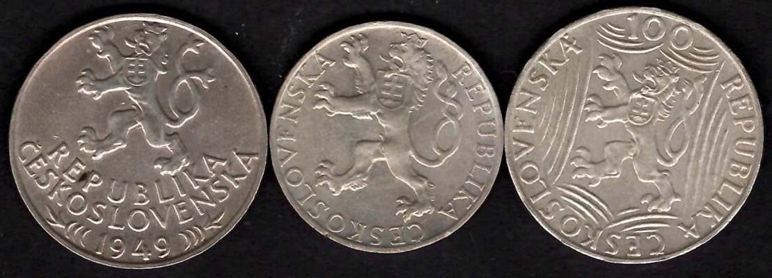 Lot 3 mincí ČSR 50Kč 1948 Povstání, 100 1949 JVStalin a Hornická práva KM#25,KM#30,KM#29 Ag.500, 10,14,14g