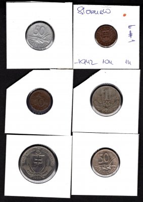 Lot 6 mincí 2x10haleř,2x50haléř, 1koruna,5koruna, KM#1,2,6,5e 10haléř 1939,42, 50haléř 1941,43, 1koruna1942, 5 koruna1939