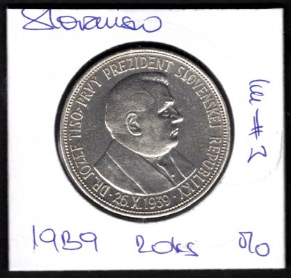 20 koruna 1939 První prezident SR J.Tiso, KM#3 Ag.500 15g, 31mm