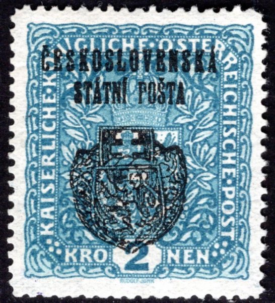 RV 37, II. Pražský přetisk, znak, formát široký, modrá 2K, vrásy, vzácná známka, zkoušena  Vrba